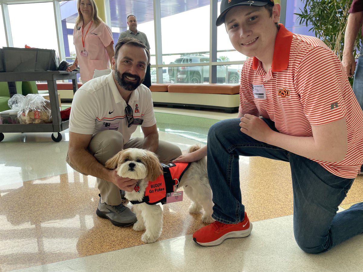 osucvc's tweet photo. This morning, Board Members from the Eddie Sutton Foundation visited our partners at the Bucky Golf Tourney and then finished up with a visit to St. Francis Children's Hospital.  Always an honor to spend time with cancer kickin' kiddos.

#okstate #kickcancer #cowboysvscancer https://t.co/uWyEGoFDCB