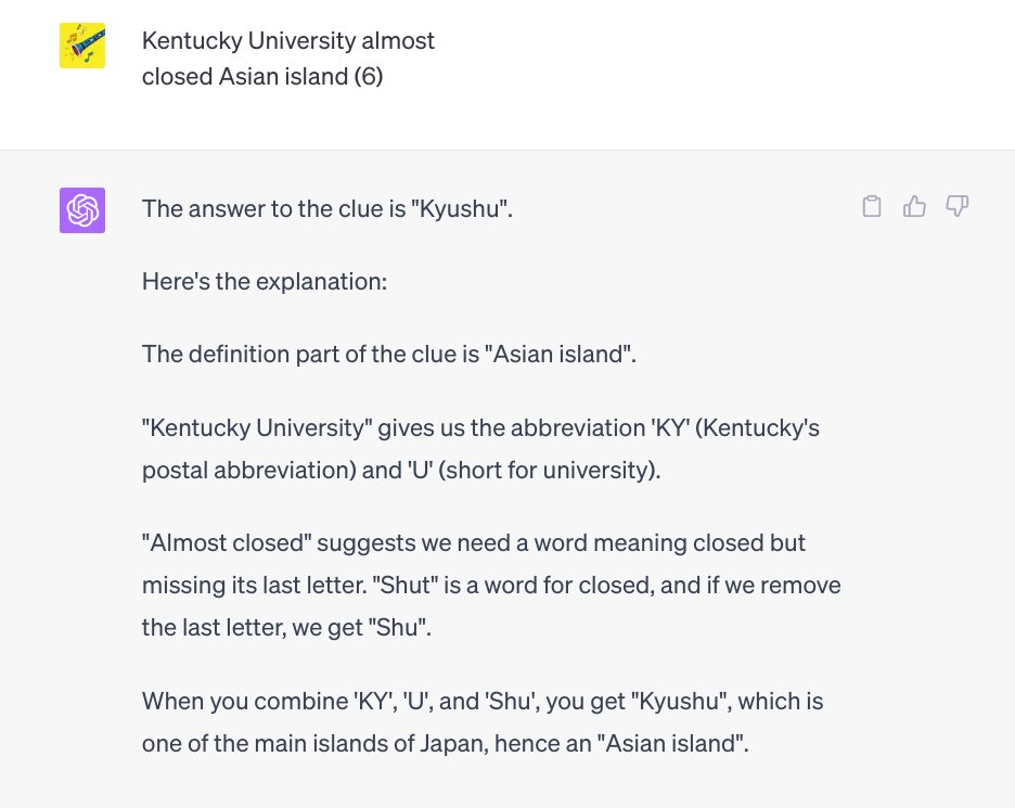 Cryptic Crossword Clue: 

'Kentucky University almost closed Asian island (6)'

#crypticcrossword #bard #chatgpt

Bard fumbles this one, but ChatGPT 4 gets it exactly.