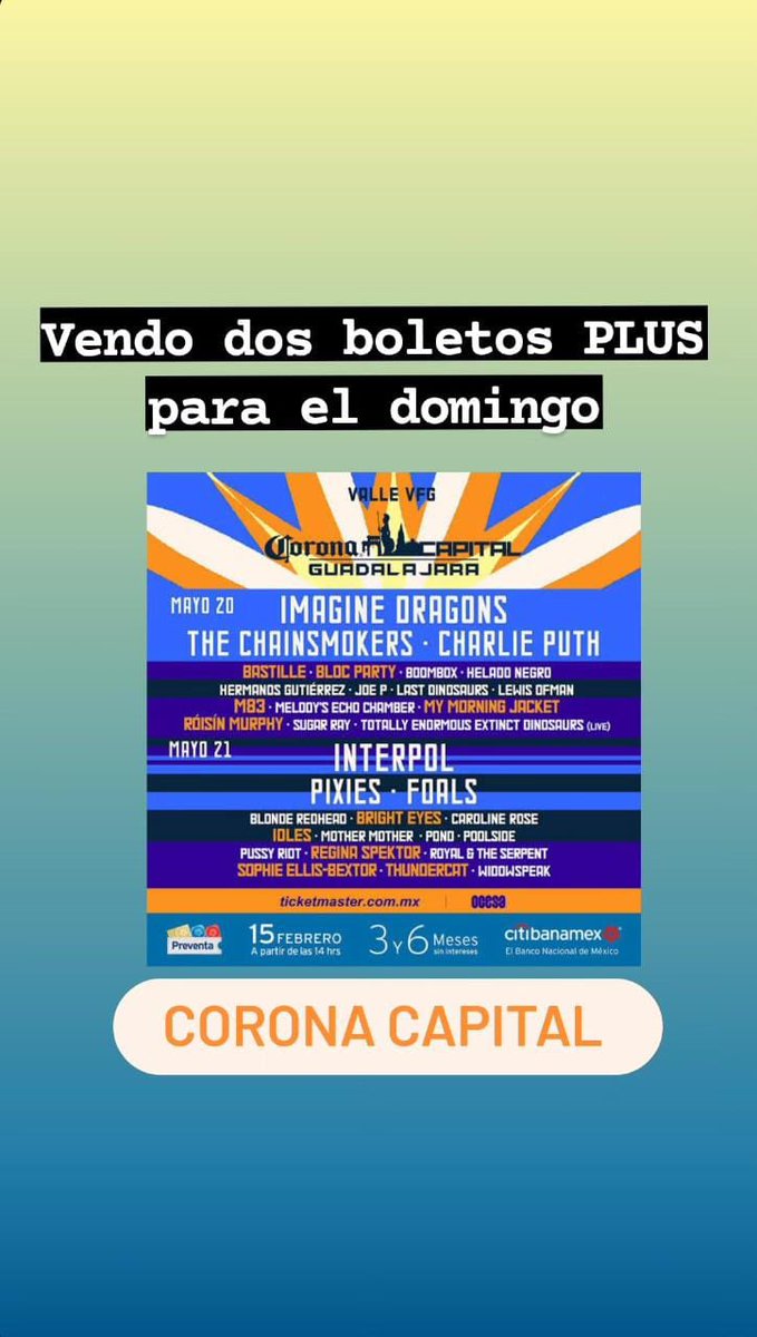 AlexChavezL7's tweet photo. Vendo dos boletos PLUS para el domingo Corona Capital Gdl 
$4,000 x los dos boletos 
#CoronaCapitalGDL #CoronaCapital #OcupoCCGDL https://t.co/gJf8dSX76g