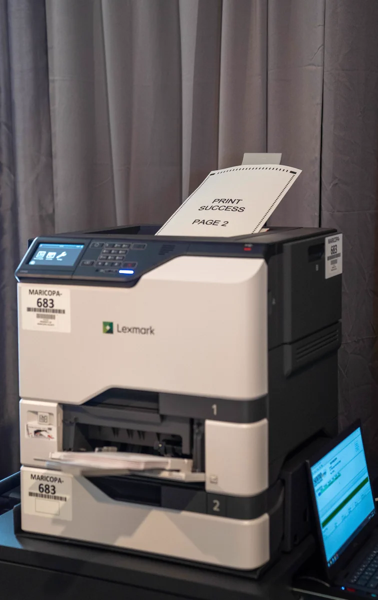 A picture of a Ballot-on-Demand printer with a successful test print.