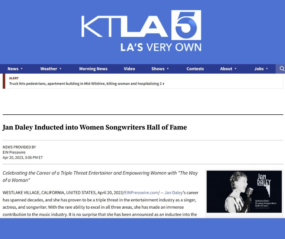 jandaleymusic's tweet photo. Big thank you to @KTLA for the coverage on the Women Songwriters Hall of Fame induction! It's an honor to be recognized alongside so many talented female artists. 💜🎶 https://t.co/y5g72Pt1ip

#WSHOF #WomenInMusic #BreakingBarriers #jazzsinger #KTLA5 @KTLA5AT5 https://t.co/KaY4EM6IZX