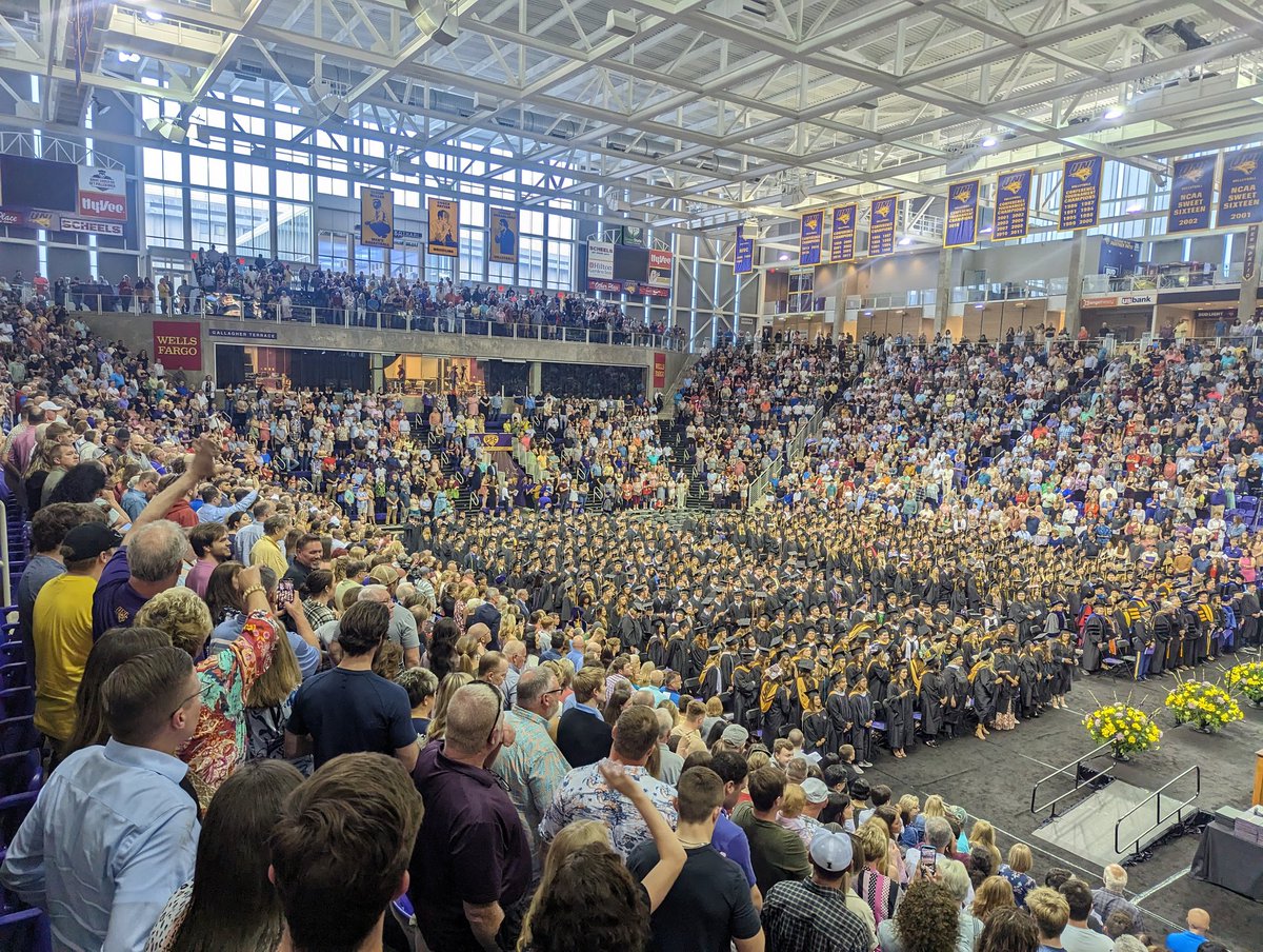 David_M_Ryan's tweet photo. They've got us packed in tonight at the McLeod Center in Cedar Falls for the @UNIBusiness commencement. $20 if you can find our own Paul Ryan on the floor @gumby_paul #accounting #summacumlaude #everloyal #thatwentfast https://t.co/dDi3rSHK49