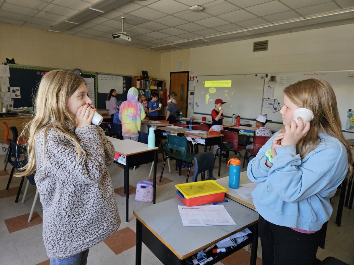 Learning about sound by creating cup telephones in 4-Corey <a href="/Oldfield_Osprey/">Oldfield Elementary</a> this week. Students explained why it worked and made plans for how to improve next time.
