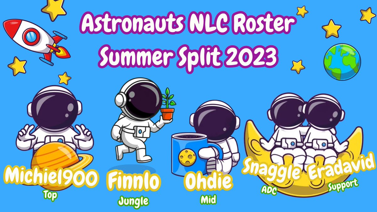 AstronautsAST's tweet photo. Introducing the stellar Astronauts League of Legends roster that will be competing in @NLClol division 4!
Top: @KaptijnMichiel 
Jgl: @FinnloMerry 
Mid: @Ohdiez 
Adc: @sexysnaggle 
Sup: @stuvsta 
Follow us to watch this team rocket to the top of the NLC standings! 
#ASTToTheMoon https://t.co/cbmOhfuFiy
