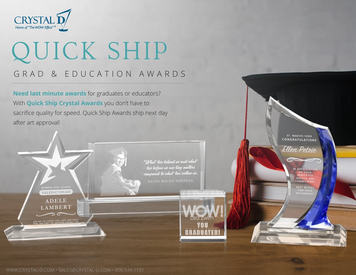 Make their graduation day unforgettable with our Quick Ship Awards and Gifts!

Shop our quick ship collection here --> crystal-d.com/products?cat=2…

#QuickShip #GraduationGifts #PersonalizedAwards #CelebrateSuccess #Classof2023 #Achievement #CrystalAwards #Awards
