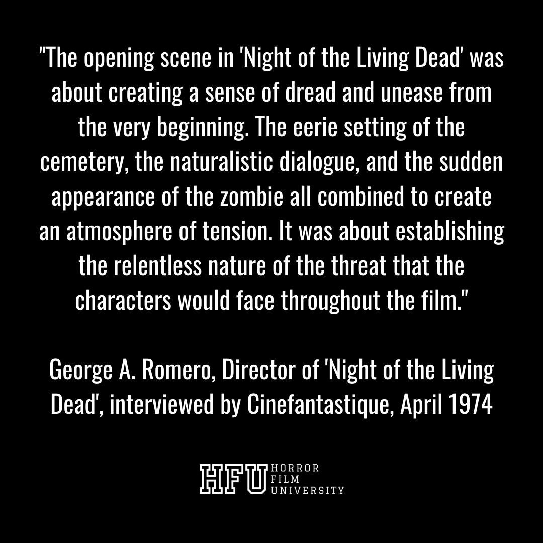 HorrorFilmU's tweet photo. Romero's opening scene in 'Night of the Living Dead' created tension through the eerie setting, natural dialogue, and sudden zombie appearance. #NightOfTheLivingDead #GeorgeARomero #HorrorMovies #ClassicHorror #ScaryMovies https://t.co/hCfEPpGfhZ
