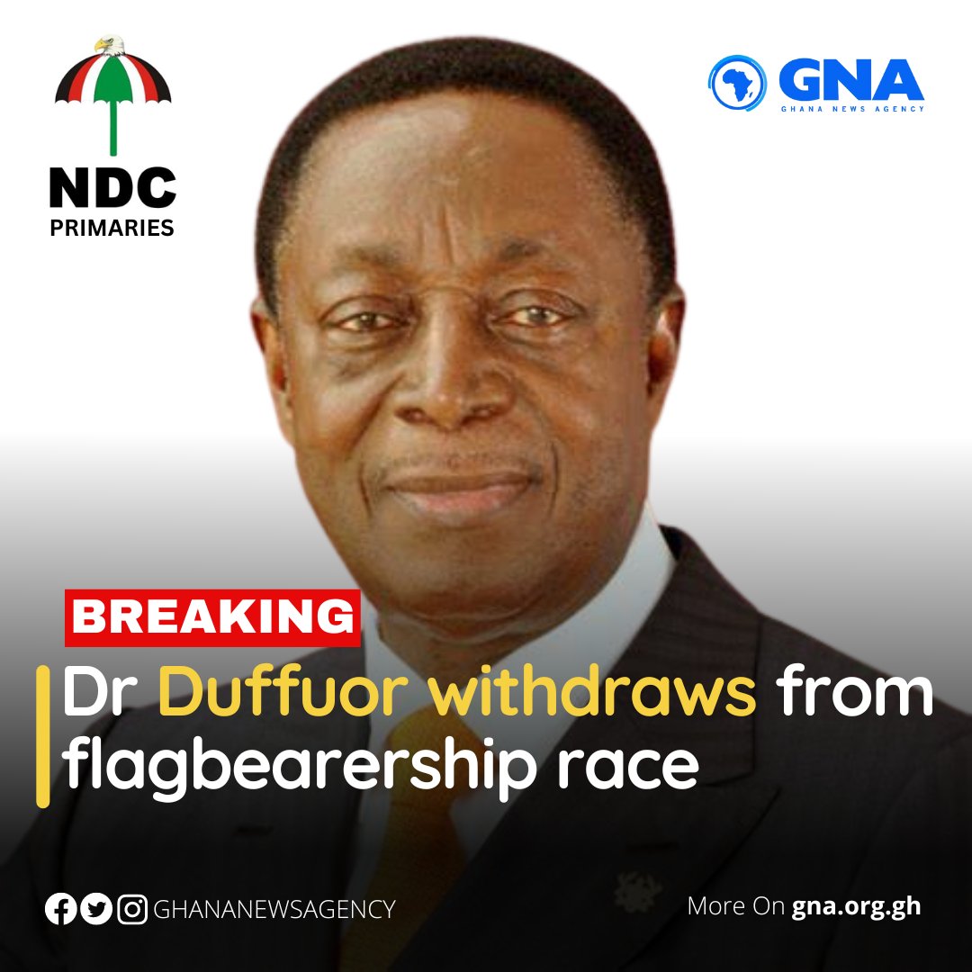 GHANANEWSAGENCY's tweet photo. NDC Primaries: Duffuor withdraws from flagbearership race 

#GhanaNewsAgency #GNA #DrDuffour #Duffuor #NDC #NdcElections https://t.co/u93DnNq05f