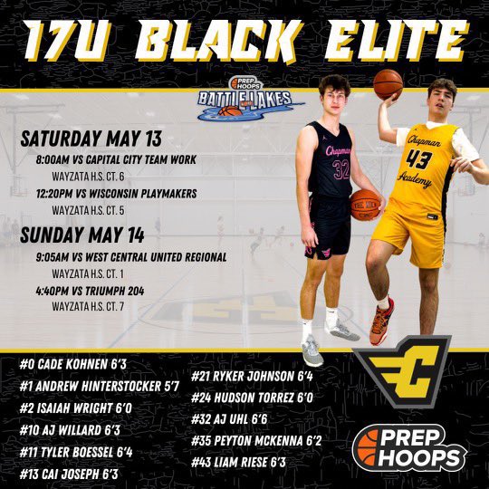 ChapmanBasketballMBB2026 (@cba_2026) on Twitter photo <a href="/academy_chapman/">ChapmanBasketballAcademy</a> U17 Black Elite tips off tomorrow morning at 8, Wayzata High School Court 6!
<a href="/Cade_Kohnen/">Cade Kohnen</a>
<a href="/ahinterstocker1/">Andrew Hinterstocker</a>
<a href="/IsaiahWright23/">Isaiah Wright</a>
<a href="/aj_willard1022/">AJ Willard</a>
<a href="/boesel_tyler/">Tyler Boesel</a>
<a href="/Caijoseph2024/">Cai (Francys) Joseph</a>
<a href="/RykerJohnson11/">Ryker Johnson</a>
<a href="/hudson_torrez/">Hudson Torrez</a>
<a href="/AJUhl23/">𝑨𝒅𝒂𝒎 “𝑨𝑱“ 𝑼𝒉𝒍</a>
<a href="/Peyton35Mckenna/">Peyton McKenna</a>
<a href="/LiamRiese/">Liam Riese</a>
Schedule ⬇️ <a href="/academy_chapman/">ChapmanBasketballAcademy</a> U17 Black Elite tips off tomorrow morning at 8, Wayzata High School Court 6!
<a href="/Cade_Kohnen/">Cade Kohnen</a>
<a href="/ahinterstocker1/">Andrew Hinterstocker</a>
<a href="/IsaiahWright23/">Isaiah Wright</a>
<a href="/aj_willard1022/">AJ Willard</a>
<a href="/boesel_tyler/">Tyler Boesel</a>
<a href="/Caijoseph2024/">Cai (Francys) Joseph</a>
<a href="/RykerJohnson11/">Ryker Johnson</a>
<a href="/hudson_torrez/">Hudson Torrez</a>
<a href="/AJUhl23/">𝑨𝒅𝒂𝒎 “𝑨𝑱“ 𝑼𝒉𝒍</a>
<a href="/Peyton35Mckenna/">Peyton McKenna</a>
<a href="/LiamRiese/">Liam Riese</a>
Schedule ⬇️