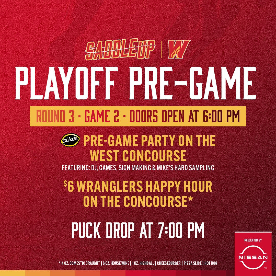 AHLWranglers's tweet photo. So many reasons to show up early and stay late! Join us for the @MikesHardCanada party on the concourse before AND after the game. https://t.co/dJg8RgjiqH