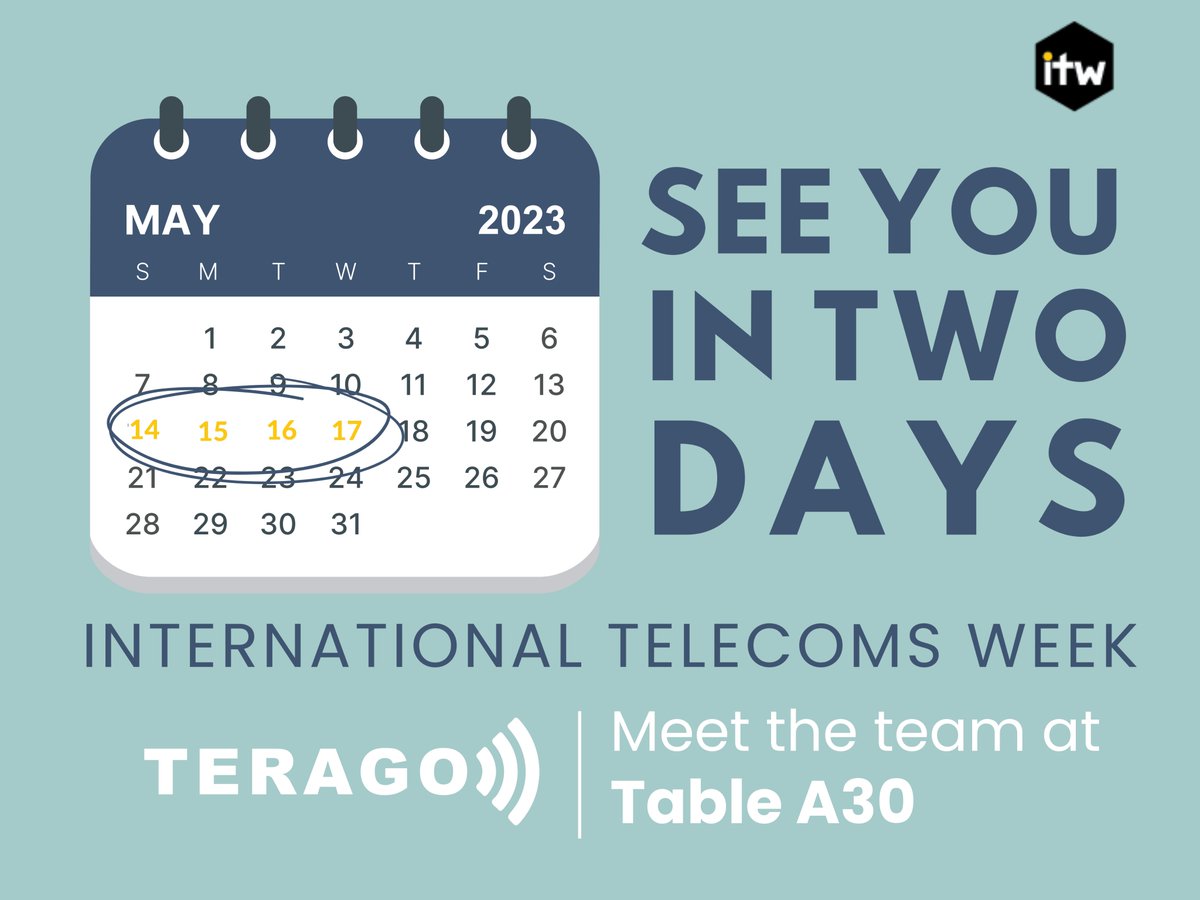 TERAGO_Networks's tweet photo. Heading down to International Telecoms Week May 14-17th? Stop by our Table, A30, for a chance to meet the team!

#ITW #telecoms https://t.co/ZCahtmn5B4