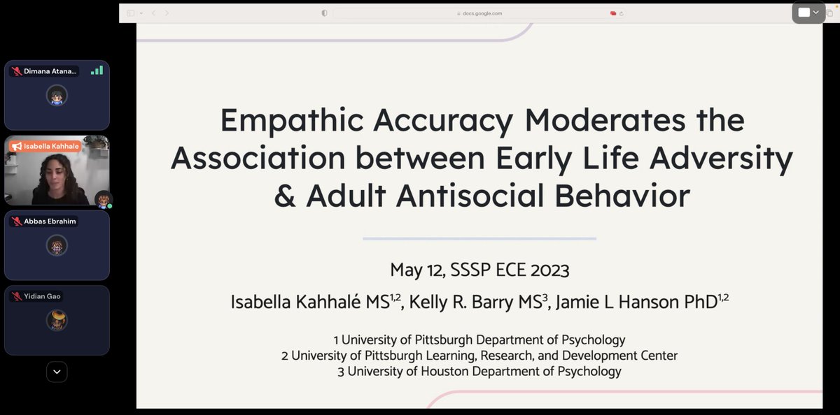 SSSPStudents's tweet photo. Isabella Kahhale discusses how empathic accuracy  moderates the relationship between unpredictability in childhood and adult antisocial behaviour https://t.co/zAMjaUBWII