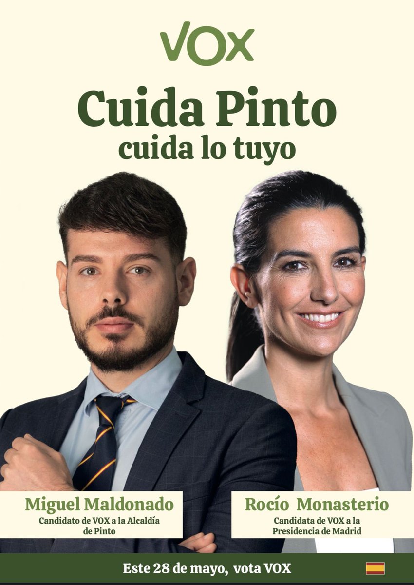 VOX_Pinto1's tweet photo. 🟢 El 28 de mayo hay un voto que cuida de nuestras tradiciones, nuestra seguridad, nuestros principios y valores, nuestras calles y parques, nuestros negocios… un voto que cuida lo nuestro.

El 28 de mayo no arriesgues con los de siempre, #CuidaLoTuyo  #VotaSeguro #VotaVOX ⏳ https://t.co/PGHGZXxBvv