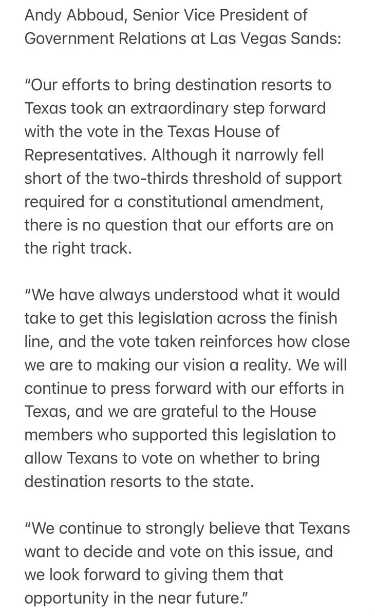 PatrickSvitek's tweet photo. Las Vegas Sands statement after casino legislation  dies in Texas House #txlege https://t.co/IpwWrUQNrt