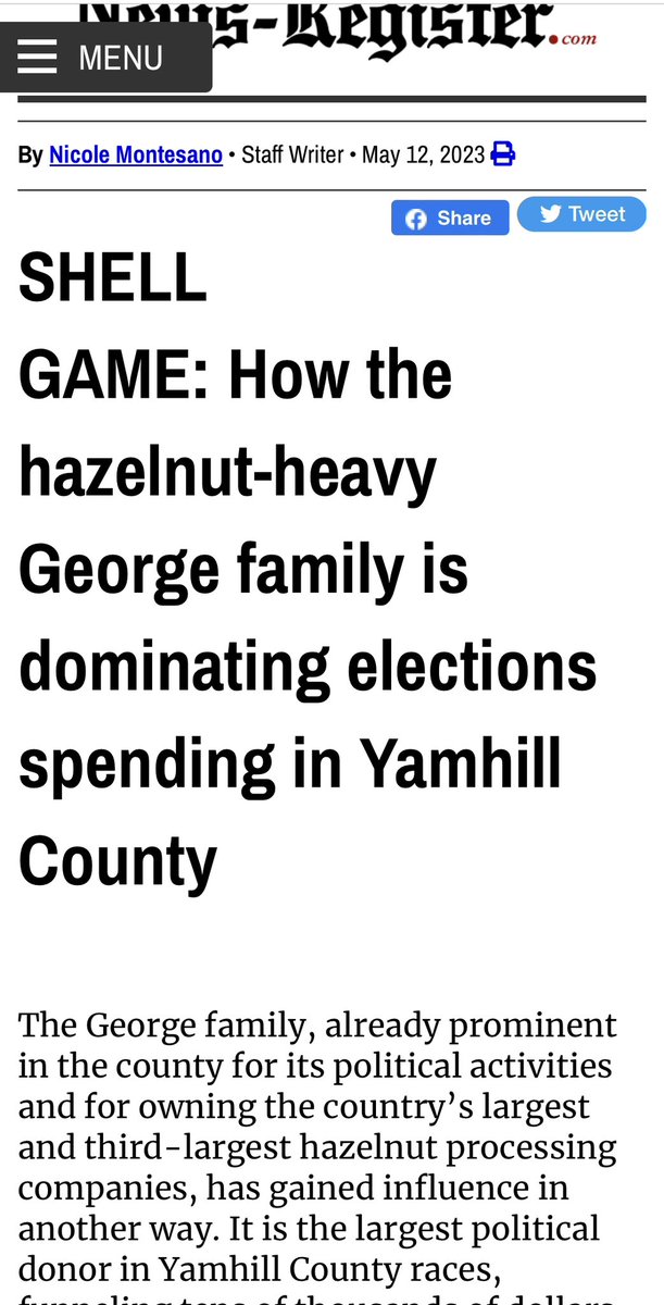Thank you to the <a href="/newsregister/">News-Register</a> for highlighting the influence of one family on Yamhill County politics. Oregon needs campaign finance reform. #orpol #yamhillcounty #getbigmoneyoutofpolitics