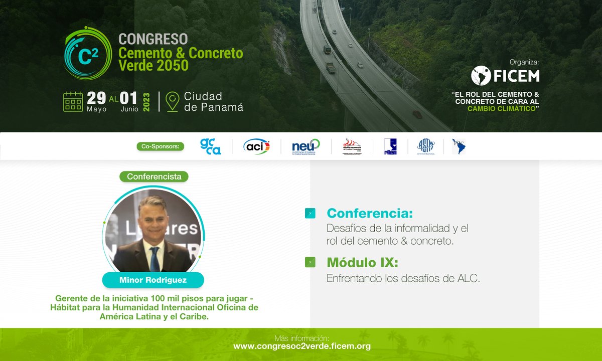 ficemcemento's tweet photo. Regístrate en el Congreso C2: Cemento & Concreto Verde 2050 y conoce los desafíos de la informalidad y el rol del cemento & concreto en la charla de Minor Rodríguez, Gerente de iniciativa 100 mil pisos para jugar en Hábitat para la Humanidad. https://t.co/NcarN6Yewu
#FICEM https://t.co/BNpx1gO4io
