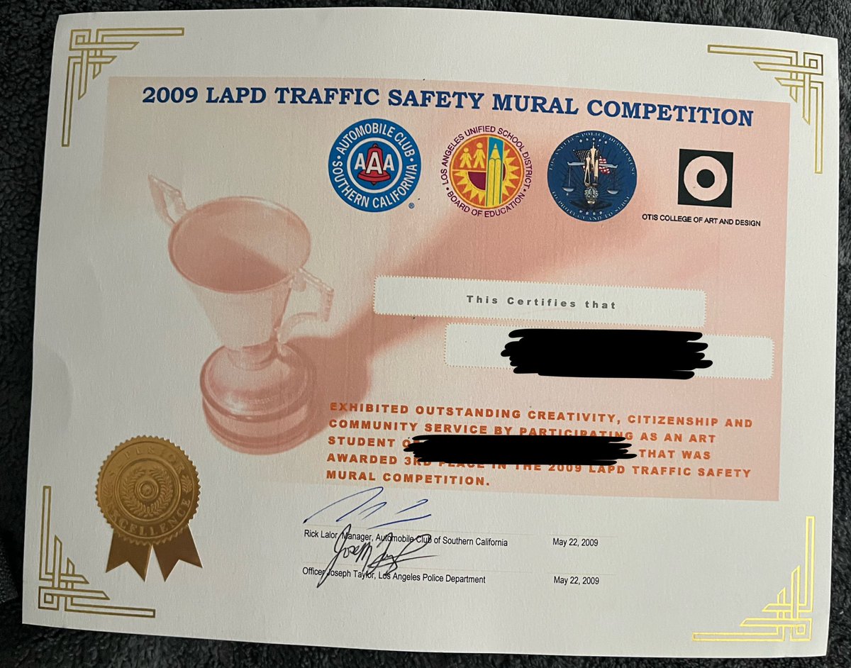 I received this Certificate from LAPD in 2009 when I was in middle school. Flash forward years later, this girl is still out here creating and painting walls. 💕