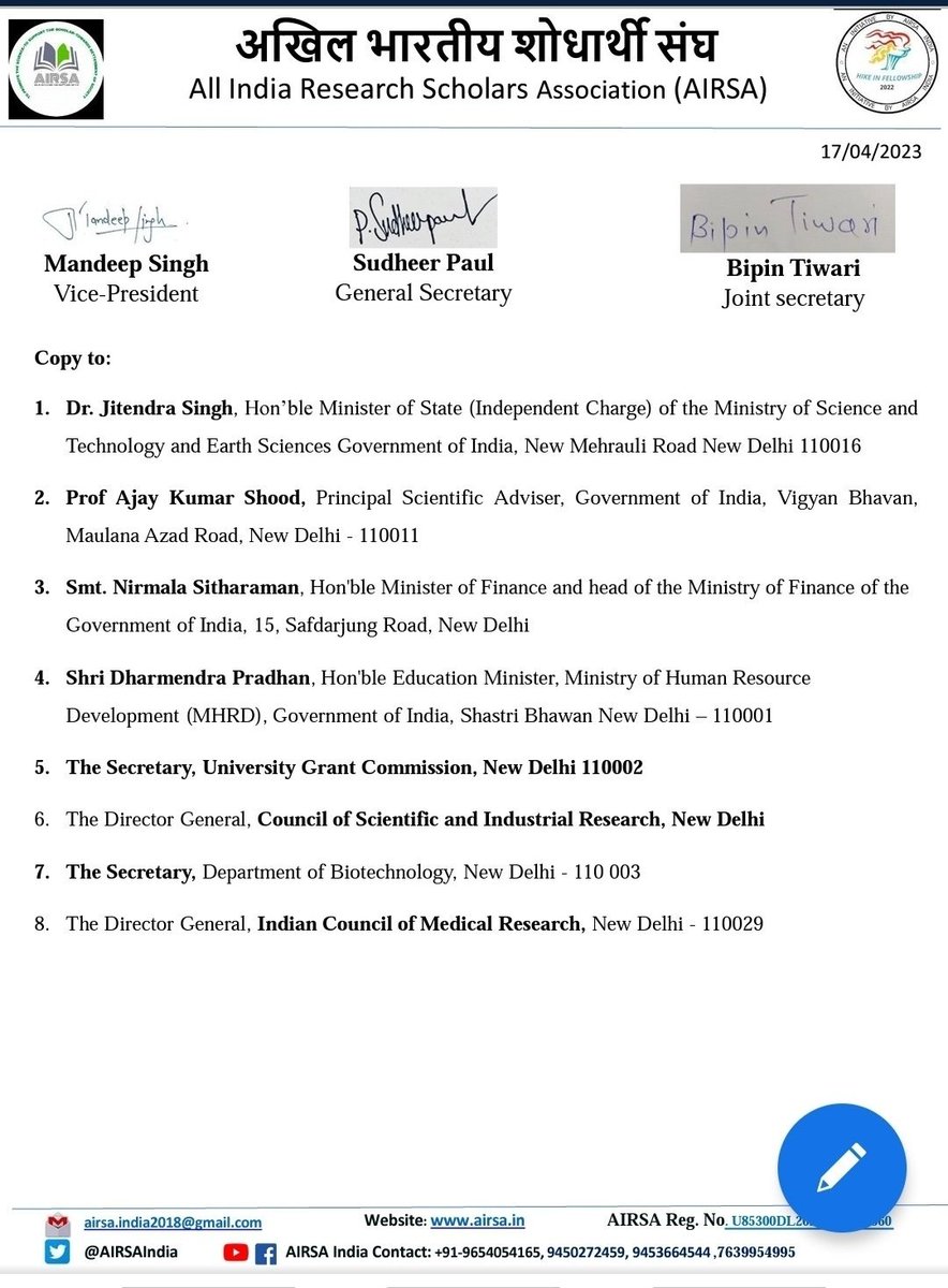All India Research Scholars Association (@airsaindia) on Twitter photo <a href="/IndiaDST/">DSTIndia</a> <a href="/DrJitendraSingh/">Dr Jitendra Singh</a> <a href="/srivaric/">chandra Srivari</a> <a href="/guptaakhilesh63/">Dr Akhilesh Gupta</a> #Hike_in_fellowship
Pending fellowship revision hinders innovative research. Fair fellowship support and solid infrastructure are vital. Let's demand the overdue revision & support researchers in driving groundbreaking discoveries <a href="/srivaric/">chandra Srivari</a> <a href="/DrJitendraSingh/">Dr Jitendra Singh</a> <a href="/TimesNow/">TIMES NOW</a> <a href="/DanitaYadav/">Danita⁷</a> <a href="/IndiaDST/">DSTIndia</a> <a href="/DrJitendraSingh/">Dr Jitendra Singh</a> <a href="/srivaric/">chandra Srivari</a> <a href="/guptaakhilesh63/">Dr Akhilesh Gupta</a> #Hike_in_fellowship
Pending fellowship revision hinders innovative research. Fair fellowship support and solid infrastructure are vital. Let's demand the overdue revision & support researchers in driving groundbreaking discoveries <a href="/srivaric/">chandra Srivari</a> <a href="/DrJitendraSingh/">Dr Jitendra Singh</a> <a href="/TimesNow/">TIMES NOW</a> <a href="/DanitaYadav/">Danita⁷</a>