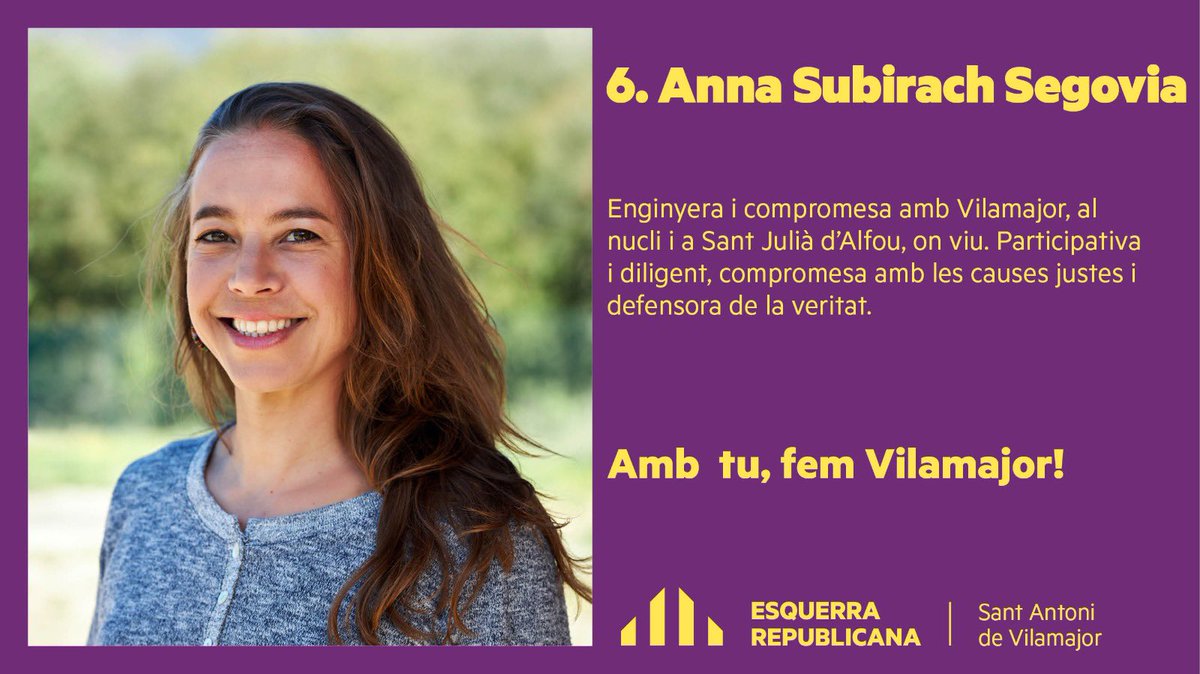 esquerrasav's tweet photo. L’Anna Subirach, compromesa a treballar pel Vilamajor de les persones, pel poble que ens ofereixi els serveis que mereixem i ens permeti viure dignament. Participativa i diligent, viu a Sant Julià d’Alfou.
✅ Amb tu, fem Vilamajor!
#urbanitzacions #alfou #ambtufemvilamajor https://t.co/GRk0m5txJ2