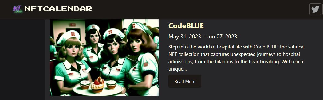 We are listed on <a href="/nftcalendar/">NFT Calendar</a> - This Mint is going to make our hearts skip a beat!!

Support the project, FAM, by:
⚕️⚕️FOLLOW &amp; RT⚕️⚕️

nftcalendar.io/event/codeblue…

#NFTfamily #NFTFAM #NFTgang