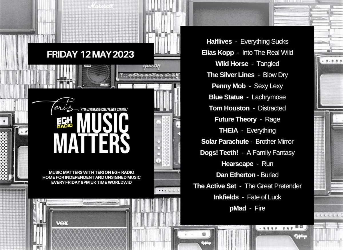 MusicMatters_T's tweet photo. #TuneIn @EGHRadio #MusicMatters right now! 
#ListenHere⇨https://t.co/oUmVSisElC 

#NowPlaying the great new music from-
@THEIA_uk
#SolarParachute @allard_gaet
@DogsTeethBand
@Hearscape
@d3therton
@theactiveset
@inkfields
@pmadtheband
Enjoy! Thanks for listening! #NewMusicAlert https://t.co/qWFCg9oSE5
