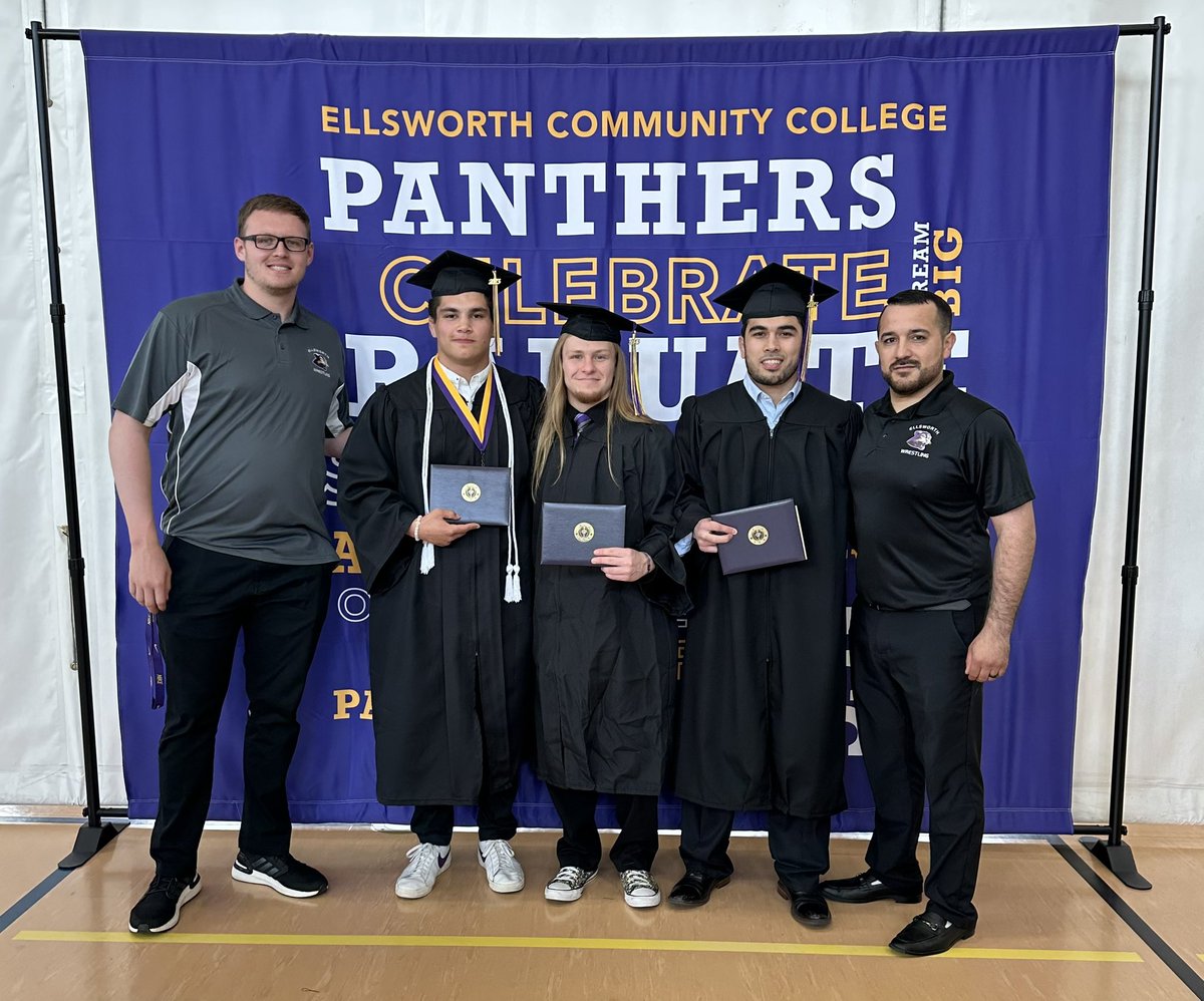 Ecc_Wrestle's tweet photo. What it’s all about! Congratulations to Isaiah Laguna, Kaden Karns, &amp; Mirzo Khayitov for graduating today from Ellsworth Community College! #gopanthers https://t.co/UH3snPJ3Jo