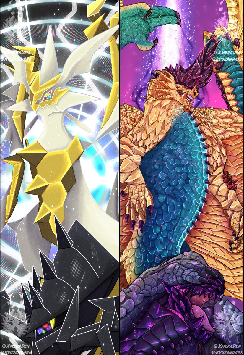 XmeraDen's tweet photo. You can not convince me that they aren't the same dragon just in another universe.
#pokemon #monsterhunter #fanart https://t.co/HGLAk5MC7K