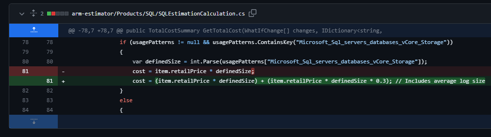 Just added a very simple, yet useful inferred metric to <a href="/aceazurecost/">Azure Cost Estimator</a>, which will automatically increase estimated cost of <a href="/AzureSQL/">Azure SQL</a> database by making assumption, that there's additional storage needed for database log.