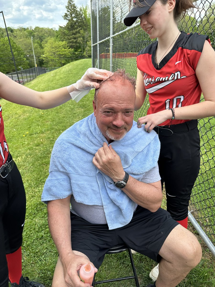 HollowSoftball's tweet photo. A deal is a deal, two big wins back to back, one box of red hair dye! Looking good coach! https://t.co/h1D21EQV1q