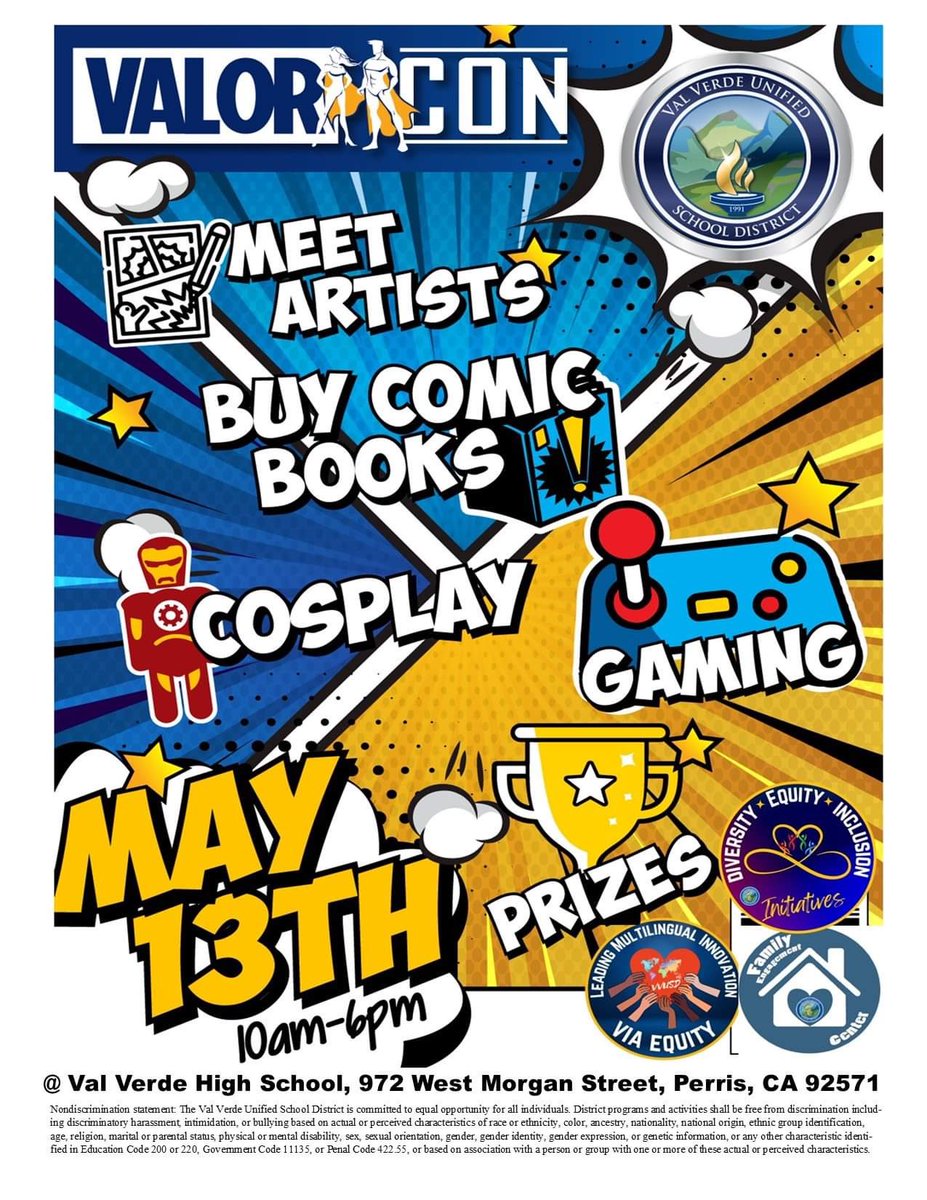 RoninTeacher's tweet photo. Check out VVUSD's first comic book convention, Valor Con!  Check out vendors, cosplayers, gaming, and meet real comic artists!  Free food for the first 500 visitors. https://t.co/qZIDYwI7pP