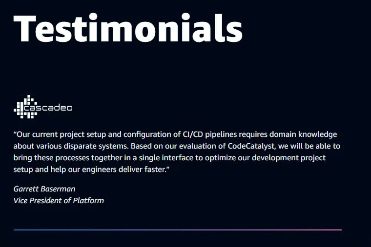 CascadeoCorp's tweet image. Check out Cascadeo's Garrett Baserman's testimonial for Amazon Code Catalyst!
buff.ly/42nMYk3
#AWS #CodeCatalyst #DeveloperTools