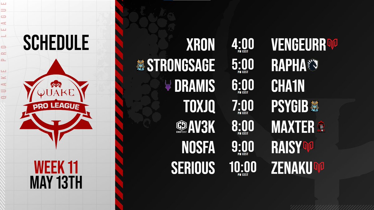 🔜Get ready for tomorrow #QuakeProLeague Week 11!

🎙️@IamFortyLions <a href="/ZsxOnline/">Dan Sanders</a> 
👓<a href="/djWHEAT/">djWHEAT</a> headlining featured matches

Saturday at 4 PM CEST | 10 AM ET  
📺twitch.tv/quake
📺youtube.com/quake