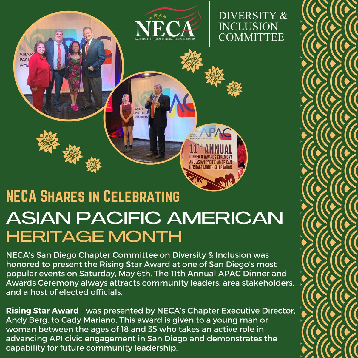 #AsianPacificAmericanHeritageMonth continues here at #NecaSanDiego as our Diversity &amp; Inclusion Committee presented the Rising Star Award at the #APAC Dinner &amp; Awards ceremony. Congratulations to all the honorees whose influence has championed further civic engagement 👏
