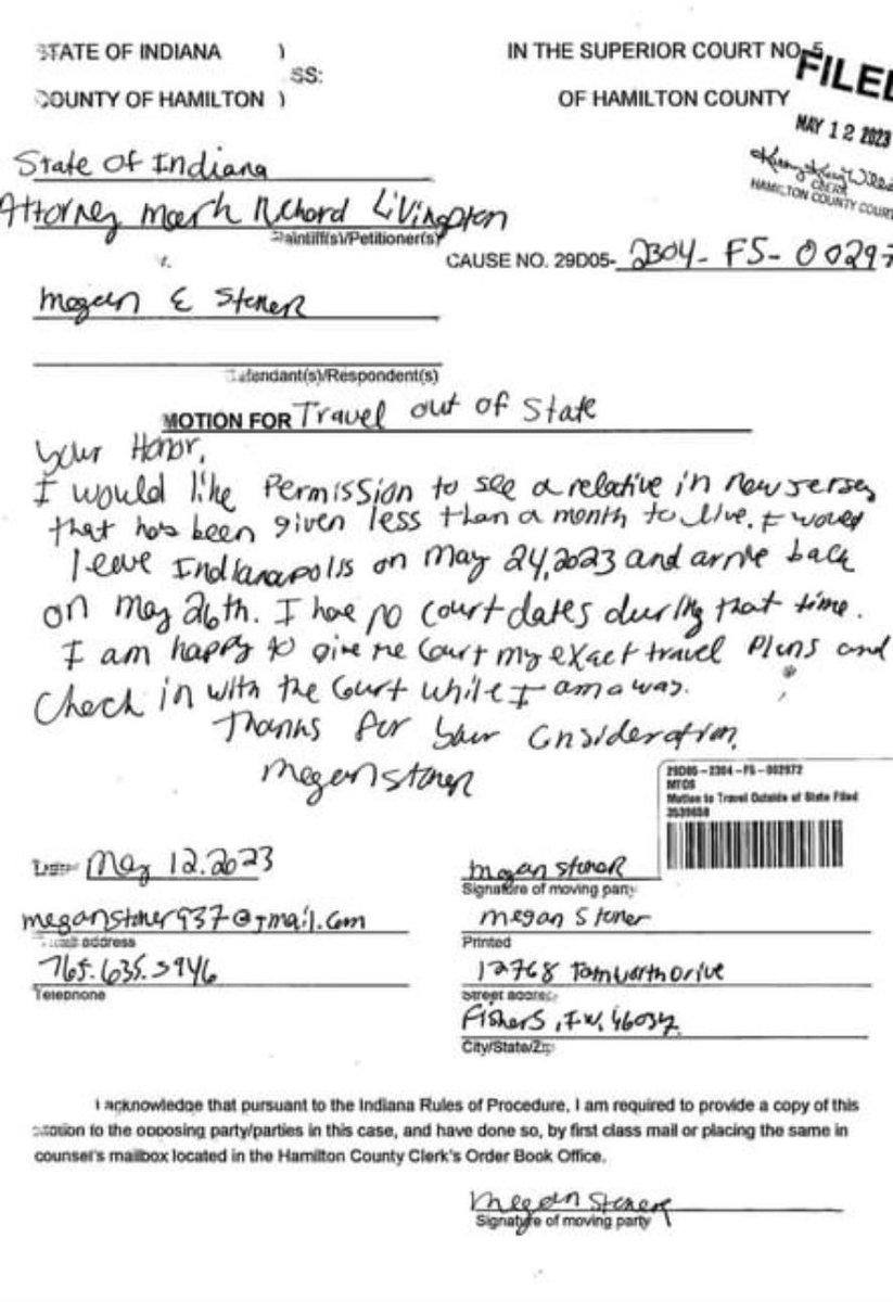 ChloeAnagnos's tweet photo. Megan Stoner has requested to leave the state May 24-26, yet has a hearing on May 25. 

Unless she can attend virtually, all of this just doesn’t really track. https://t.co/sgju7RV2Kc