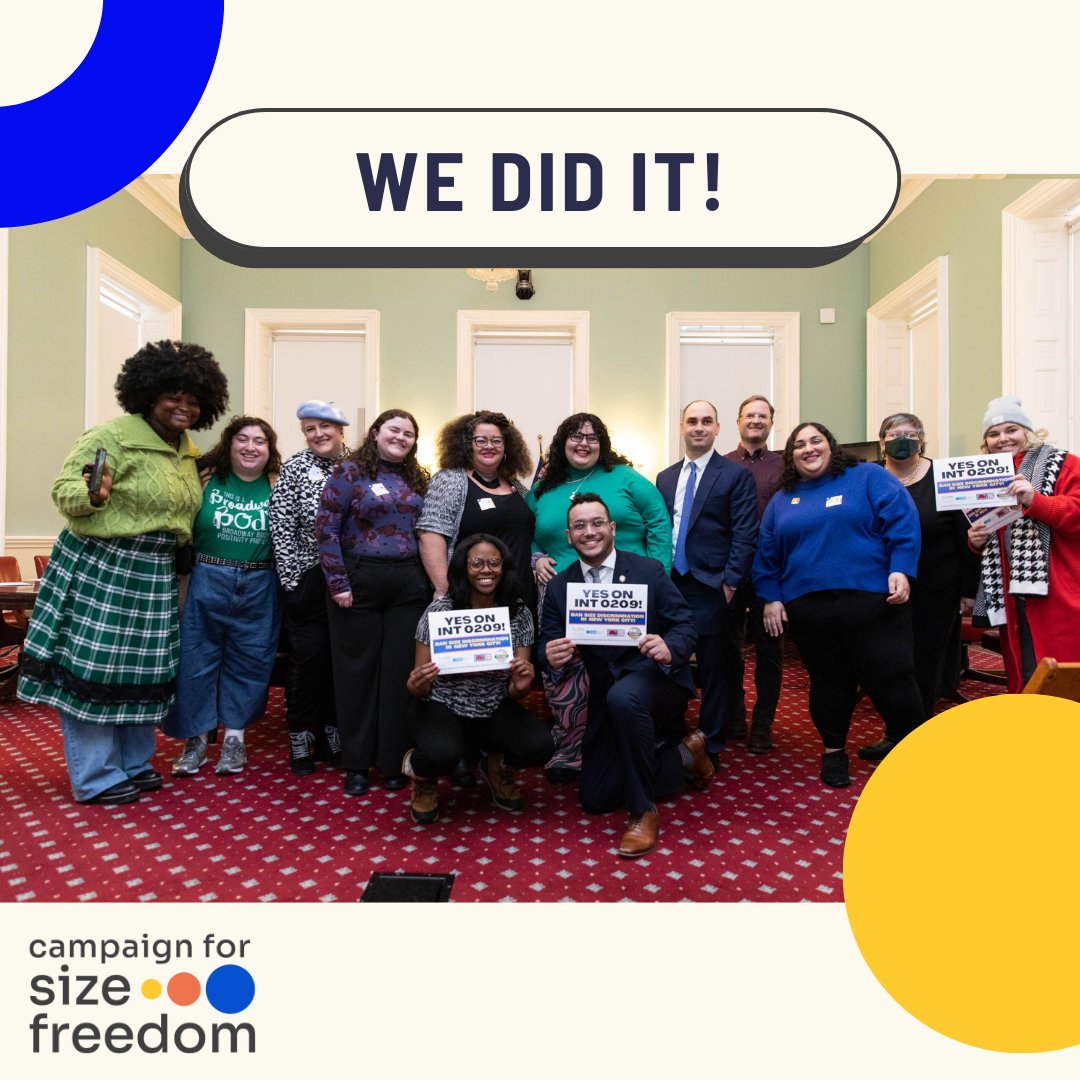 Working with <a href="/RWDSU/">RWDSU</a> @NAAFAOfficial @CMShawnAbreu &amp; <a href="/Dove/">Dove</a>, we have won a majority vote for bill INT-0209 advancing #sizefreedom. We couldn't have done it without your support. Join the movement at FlareProject.org and become part of the #CampaignforSizeFreedom