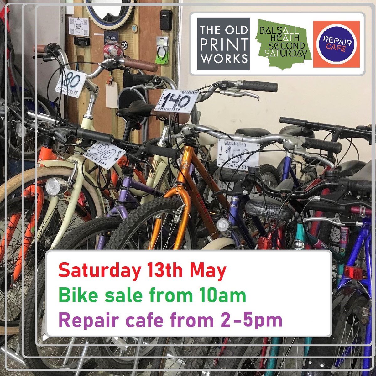 Saturday 13th of May we are back to the @balsallheathsecondsaturday at @oldprintworksbrum

Bikes for sale from 10am and FREE bike checks from 2-5pm as part of Repair Cafe event.

#bikesale
#repaircafe
#bikelife
#fixingbikes
#ridebike