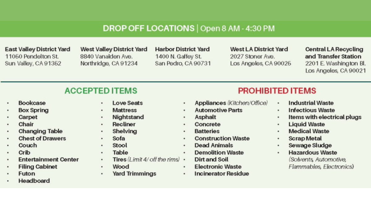 City of Los Angeles (@lacity) on Twitter photo It’s time to get rid of those unwanted bulky items that have been taking up space around your home. 🛋️🛏️
<a href="/LACitySAN/">LA Sanitation & Environment ♻️💧🌳</a> will accept bulky item waste at five locations across the city on Saturday, 5/13.
Save yourself the time, trouble, & cost...
➡️ lacitysan.org/bulky It’s time to get rid of those unwanted bulky items that have been taking up space around your home. 🛋️🛏️
<a href="/LACitySAN/">LA Sanitation & Environment ♻️💧🌳</a> will accept bulky item waste at five locations across the city on Saturday, 5/13.
Save yourself the time, trouble, & cost...
➡️ lacitysan.org/bulky