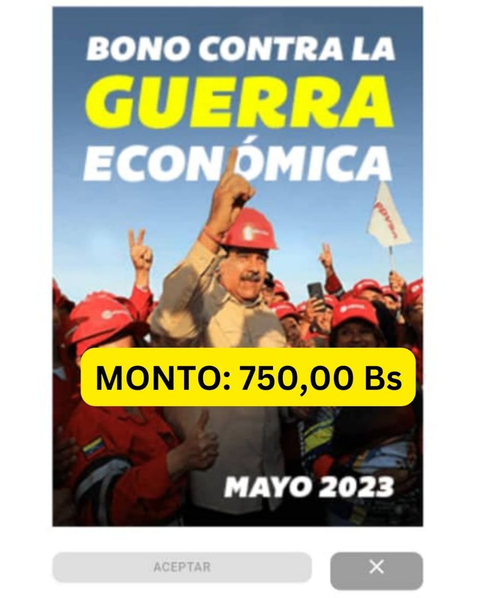 ORLANDO RUIZ (@orlando_ruiz69) on Twitter photo #ÚLTIMAHORA:
Inicia la entrega del #BonoContraLaGuerraEconómica (mayo 2023) a través del Sistema <a href="/CarnetDLaPatria/">Carnet de la patria</a> enviado por nuestro Pdte. <a href="/NicolasMaduro/">Nicolás Maduro</a> para los trabajadores públicos activos
✅ Monto en Bs. 750,00
<a href="/BonosSocial/">Bonos Protectores Social Al Pueblo</a>
#DiplomaciaUniónYCrecimiento #12Mayo #ÚLTIMAHORA:
Inicia la entrega del #BonoContraLaGuerraEconómica (mayo 2023) a través del Sistema <a href="/CarnetDLaPatria/">Carnet de la patria</a> enviado por nuestro Pdte. <a href="/NicolasMaduro/">Nicolás Maduro</a> para los trabajadores públicos activos
✅ Monto en Bs. 750,00
<a href="/BonosSocial/">Bonos Protectores Social Al Pueblo</a>
#DiplomaciaUniónYCrecimiento #12Mayo
