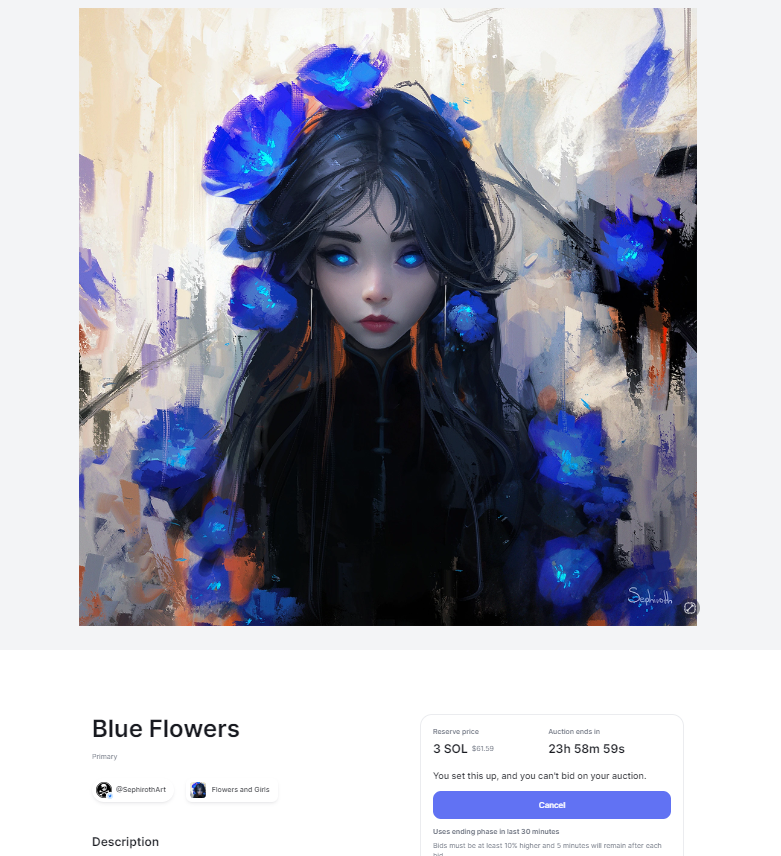 Sephiroth_Art's tweet photo. Hey! 24H Auction 
for Blue Flowers just started 
on @exchgART ! 🔥🔥🔥
 
Reserve: 3 SOL (~60$)

Link: https://t.co/D2KtLYk0QQ

#SolanaNFTs #exchangeart #sephirothart #nftgirl https://t.co/HiOqiZ9uun