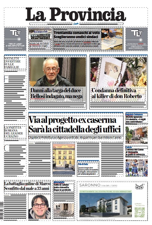 La prima pagina de La Provincia di Como di sabato 13 maggio. Buona lettura.