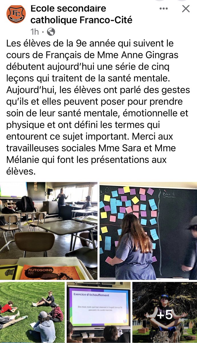 Les leçons LIT Santé mentale de <a href="/SMHO_SMSO/">School Mental Health Ontario</a> se font vivre à @escfrancocite dans la classe de Français en 9e année. Merci de prendre la littératie en santé mentale des élèves à coeur. @CSCFrancoNord #cscfnsantentalepositive