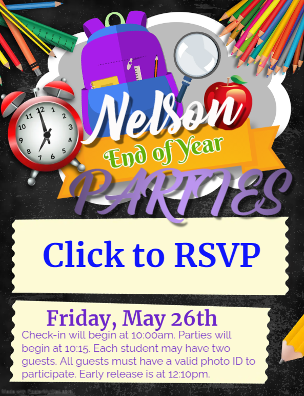 NelsonParents's tweet photo. Please click here for the link to RSVP for End of Year parties! 
https://t.co/yyKCMybuYd

P.s. We can't believe we are a making an end of year post!!
@NelsonAlvinISD https://t.co/W39OrcP4Fu