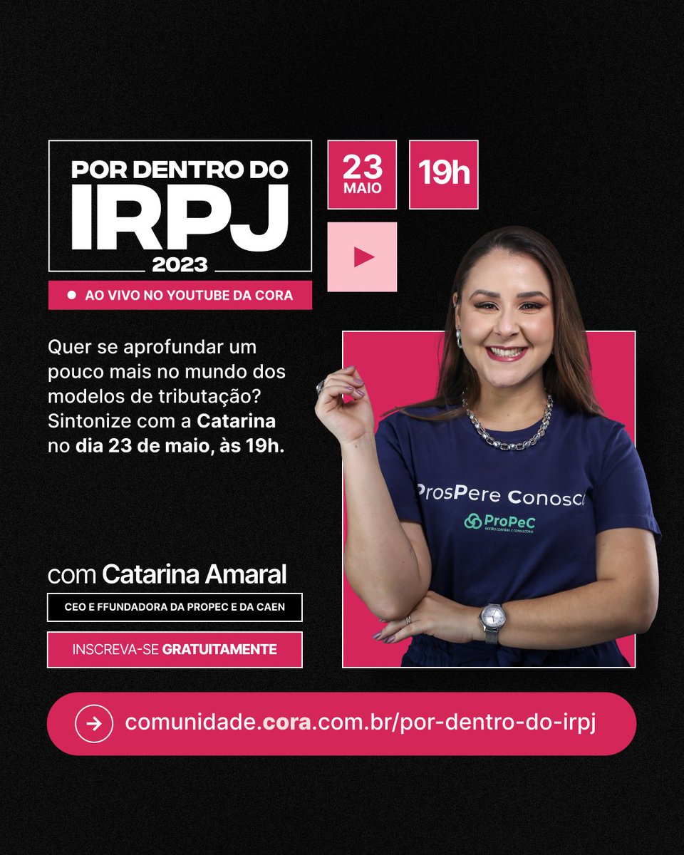 🔴 Modelo de tributação? O que é isso? 🤔

Se ainda não sabe o que é, sintonize com a Catarina no dia 23, às 19h, no YouTube da Cora.

Garanta sua vaga: inscreva-se gratuitamente 👉 s.cora.com.br/live-irpj-maio…

#SejaCora #IRPJ