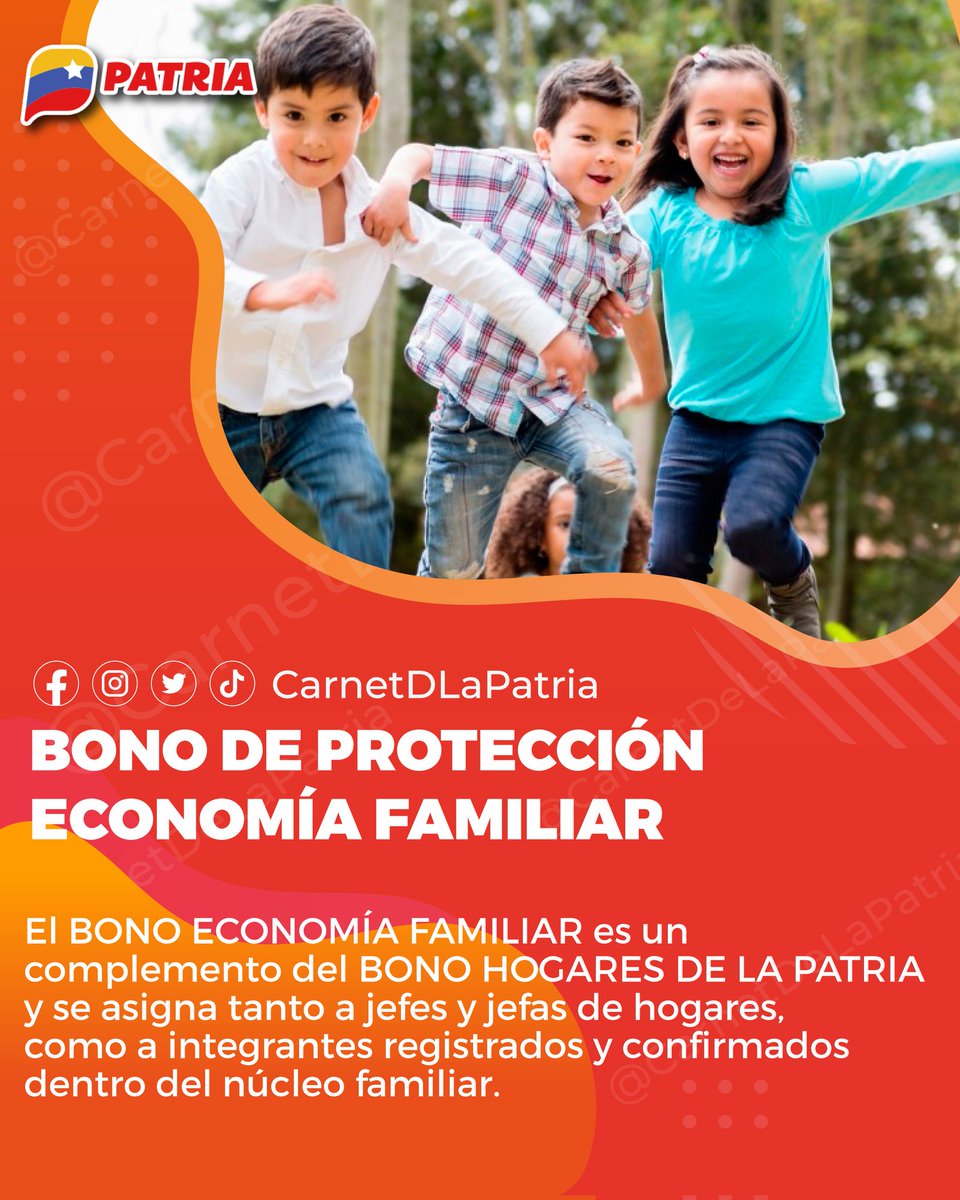 JR100%😎 (@brav1rivas) on Twitter photo El #BonoEconomíaFamiliar, es un complemento del #BonoHogaresdelaPatria, asignado a jefas y jefes de hogares, como a integrantes registrados dentro del núcleo familiar.
Enviado por nuestro Presidente <a href="/NicolasMaduro/">Nicolás Maduro</a>, a través de la #PlataformaPatria.
#DiplomaciaUnionYCrecimiento El #BonoEconomíaFamiliar, es un complemento del #BonoHogaresdelaPatria, asignado a jefas y jefes de hogares, como a integrantes registrados dentro del núcleo familiar.
Enviado por nuestro Presidente <a href="/NicolasMaduro/">Nicolás Maduro</a>, a través de la #PlataformaPatria.
#DiplomaciaUnionYCrecimiento