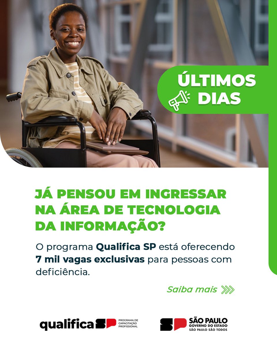 deficiencia_SP's tweet photo. ⚠️ Atenção, pessoal! As inscrições para o #QualificaSP estão acabando!
🤝 São 7 mil vagas exclusivas para pessoas com deficiência.
🤔 E aí, se interessou? Acesse https://t.co/hboQzJElA9 https://t.co/j1iFfjRnq3