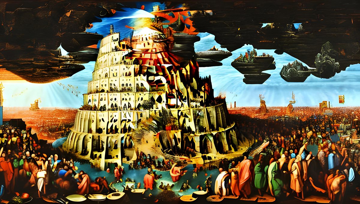 AlberichChilion's tweet photo. "Go to, let us go down, and there confound their language, that they may not understand one another's speech. So the LORD scattered them abroad from thence upon the face of all the earth: and they left off to build the city." - Genesis 11:7-8 Pt. 2 #Aiart #TheBible #AiArtwork https://t.co/KFkgK4Fxxm
