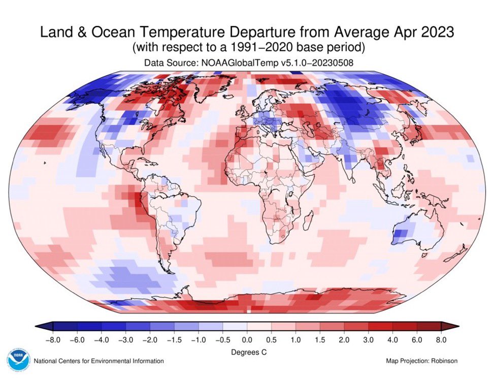 ⚠️Abril2023 fue el mes de más cálido jamás registrado en el HemisferioSur rompiendo marca de Marzo2016😬

TemperaturaGlobal en Abril estuvo 1°C sobre promedio del SigloXX para ese mes, completando 530meses🔥consecutivos con TemperaturaGlobal sobre típicos! noaa.gov/news/april-202…