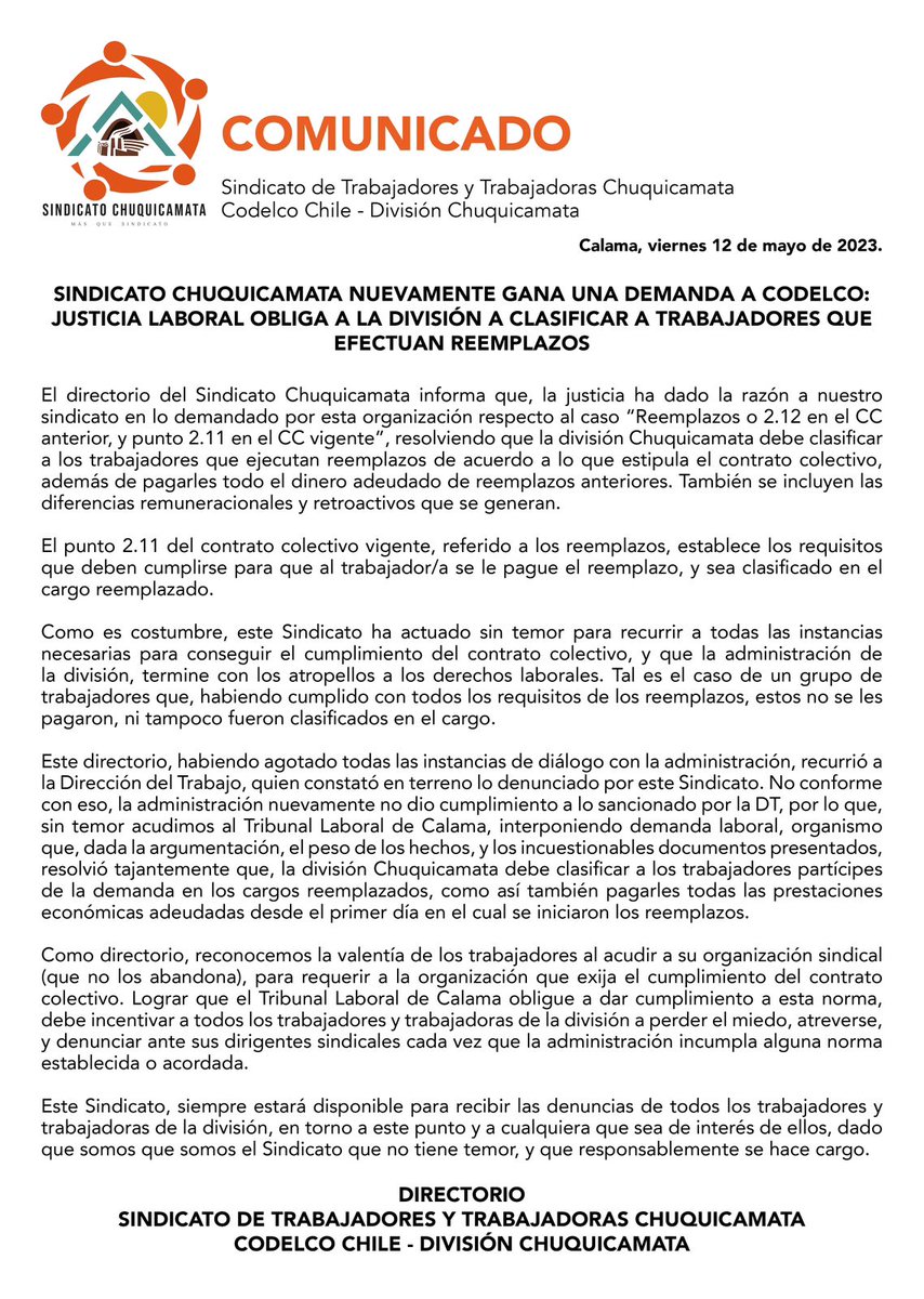 [COMUNICADO] SINDICATO CHUQUICAMATA NUEVAMENTE GANA UNA DEMANDA A CODELCO: JUSTICIA LABORAL OBLIGA A LA DIVISIÓN A CLASIFICAR A TRABAJADORES QUE EFECTUAN REEMPLAZOS