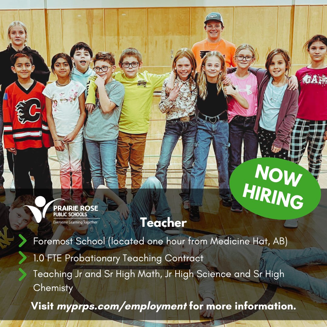 PrairieRoseSD8's tweet photo. 👀Looking for a teaching position for next fall? We have several 1.0 FTE positions available for the 2023-2024 school year. PRPS is also looking to hire a school principal in Schuler and vice-principal in Foremost. Learn more➡️ https://t.co/pmb8p0Rn7M #workwithus #myprps https://t.co/q20Lfo2q44