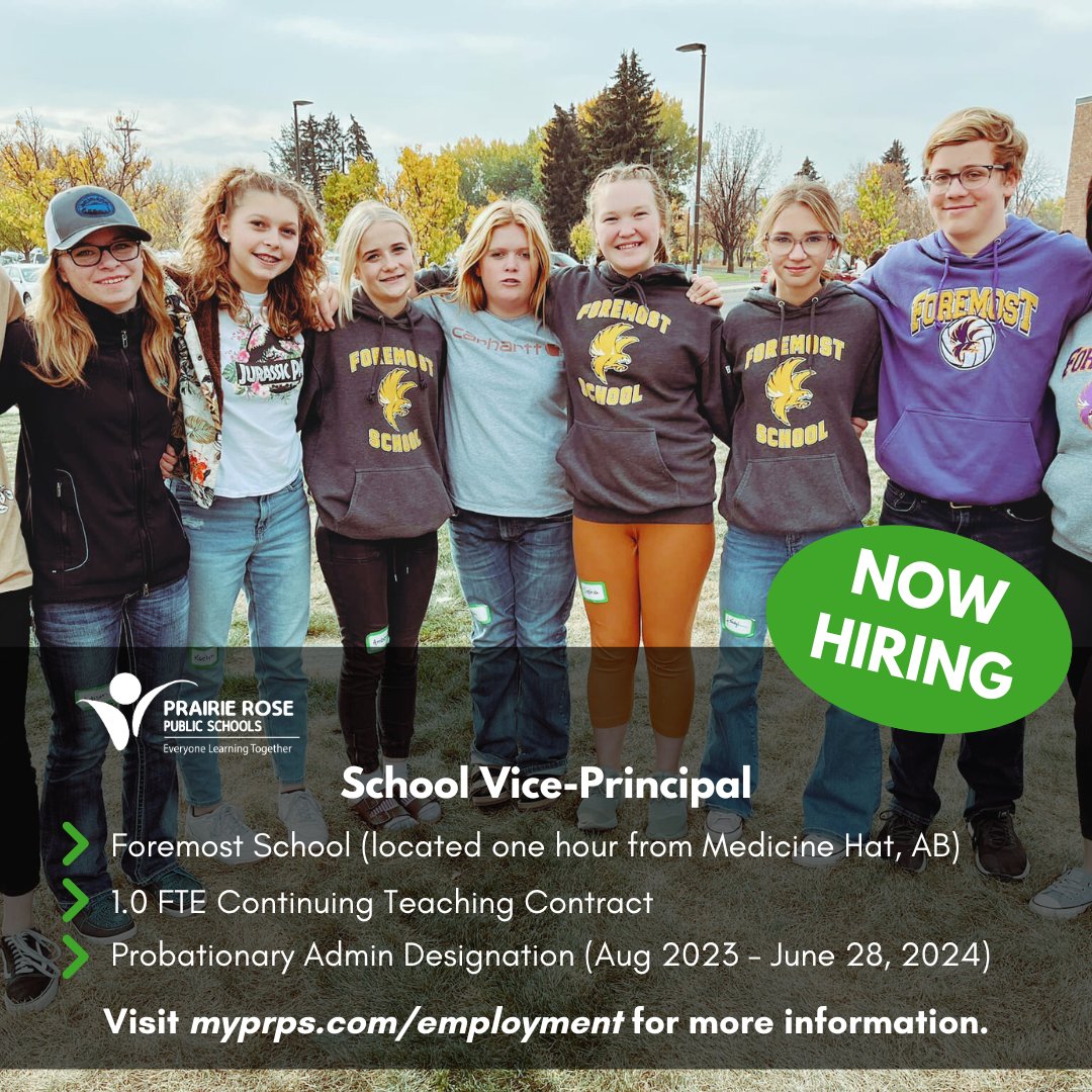 PrairieRoseSD8's tweet photo. 👀Looking for a teaching position for next fall? We have several 1.0 FTE positions available for the 2023-2024 school year. PRPS is also looking to hire a school principal in Schuler and vice-principal in Foremost. Learn more➡️ https://t.co/pmb8p0Rn7M #workwithus #myprps https://t.co/q20Lfo2q44