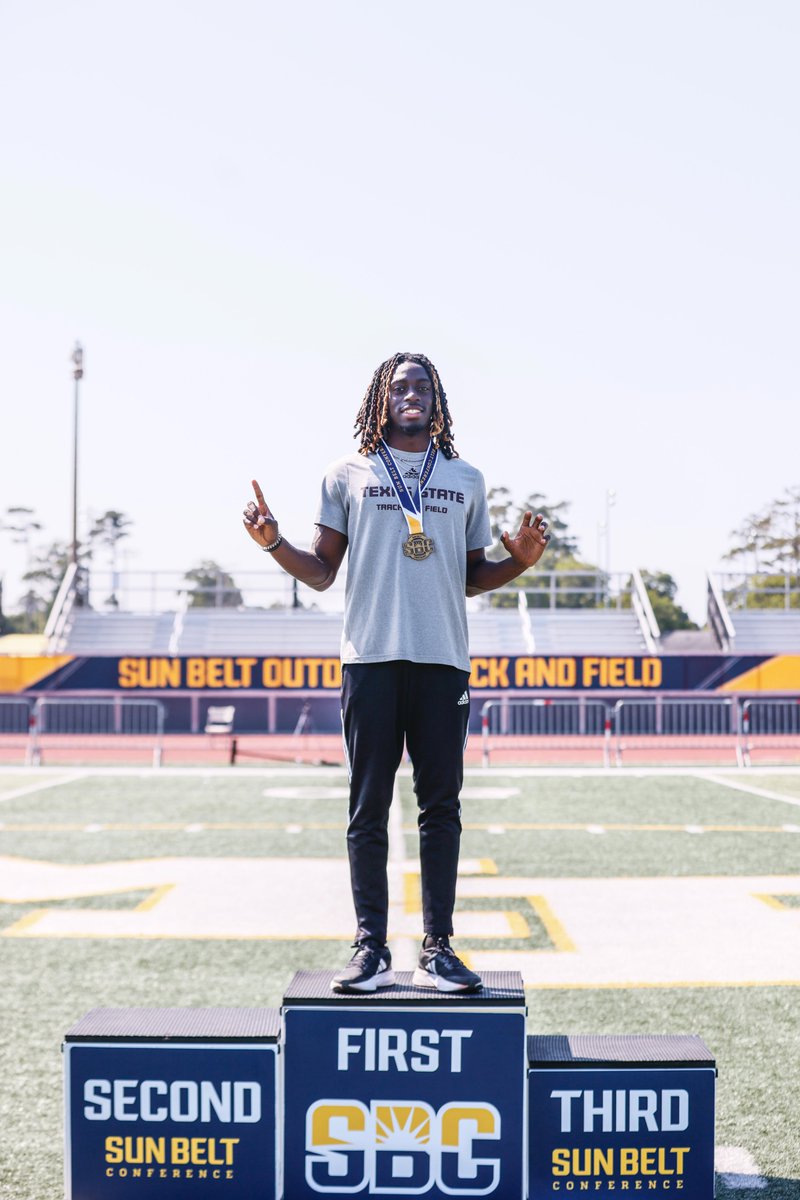 TXStateTrack's tweet photo. Freshman on top

@chrisdagoat_23 bringing home the championship in the men's long jump

#EatEmUp | #SunBeltTF https://t.co/Gk6DSKWsGH